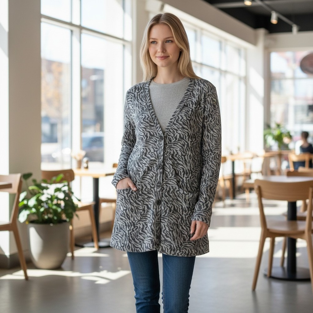 Rhapsody Womens Grey Zebra Print Longline Button Front V-Neck Cardigan Sweater